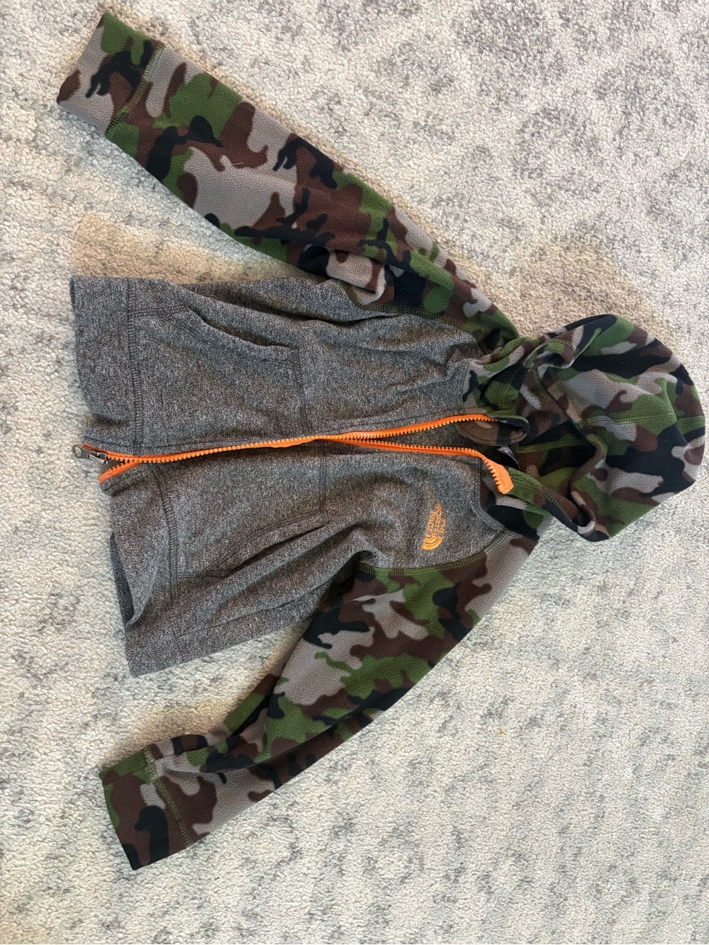 The North Face Kids Grey Body Camo Sleeve Hooded Zip Jacket with Orange Trim